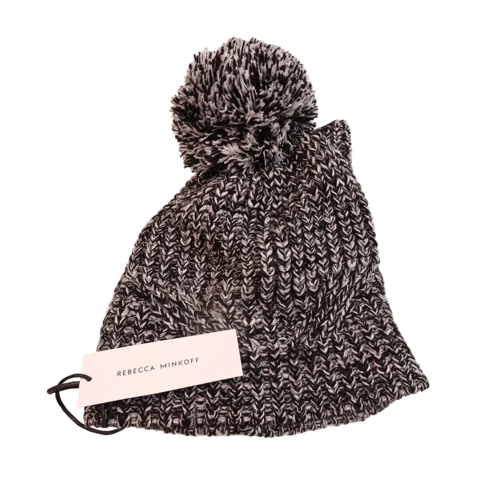 NEW Rebecca Minkoff Beanie and Arm Warmer Set Knit Pom‎ Black One Size